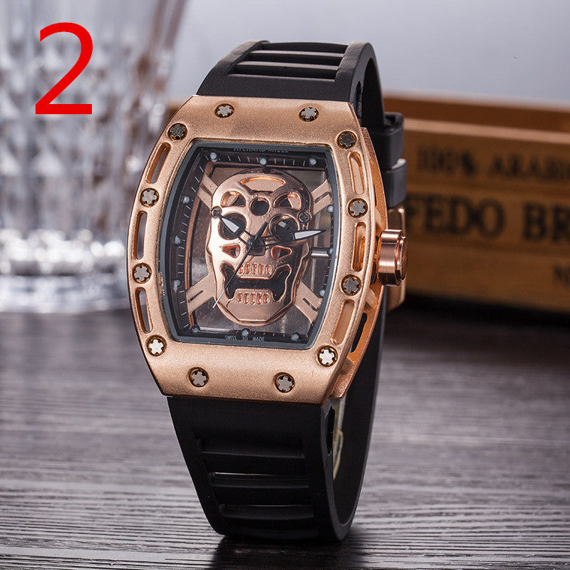 Men's Quartz PU Watch with Skeleton Skull Design