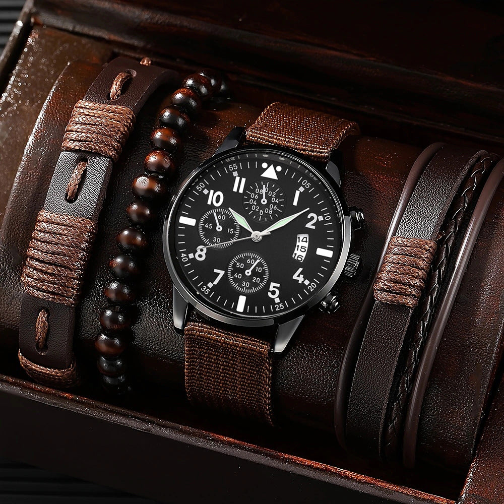 Men's Quartz Watch and PU Bracelet Set with Calendar
