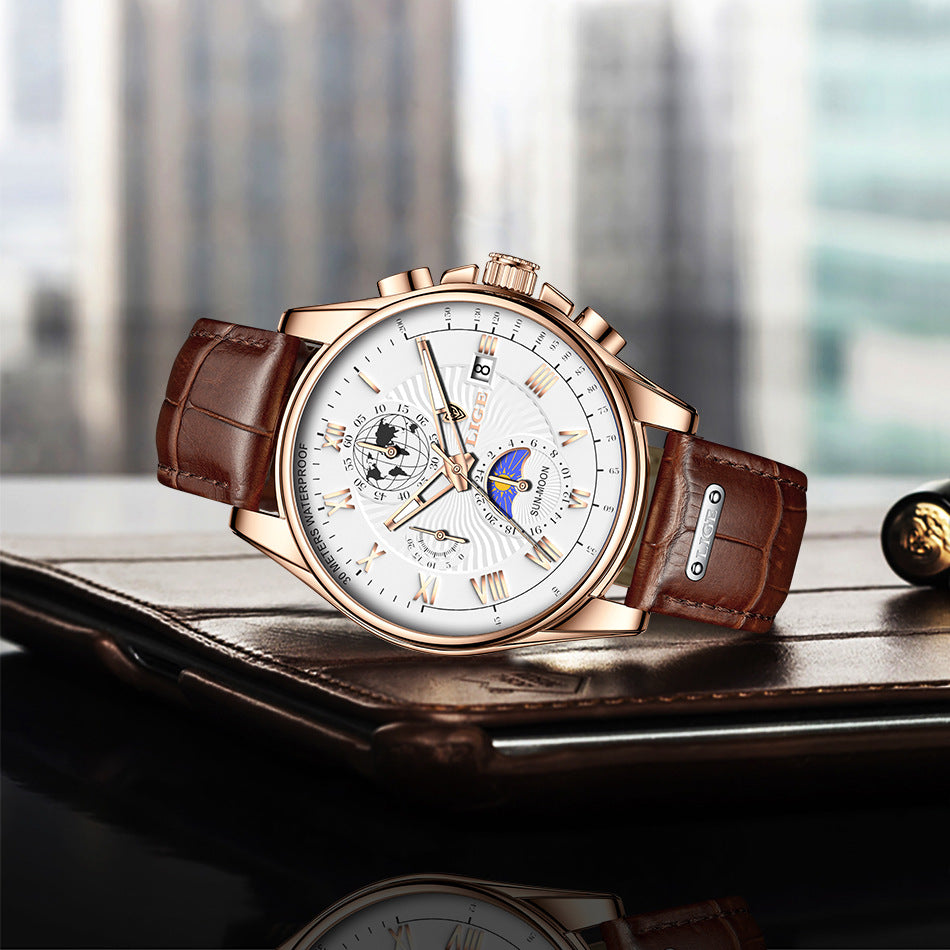 LIGE Men's Quartz Watch with Leather Strap and Moon Phase