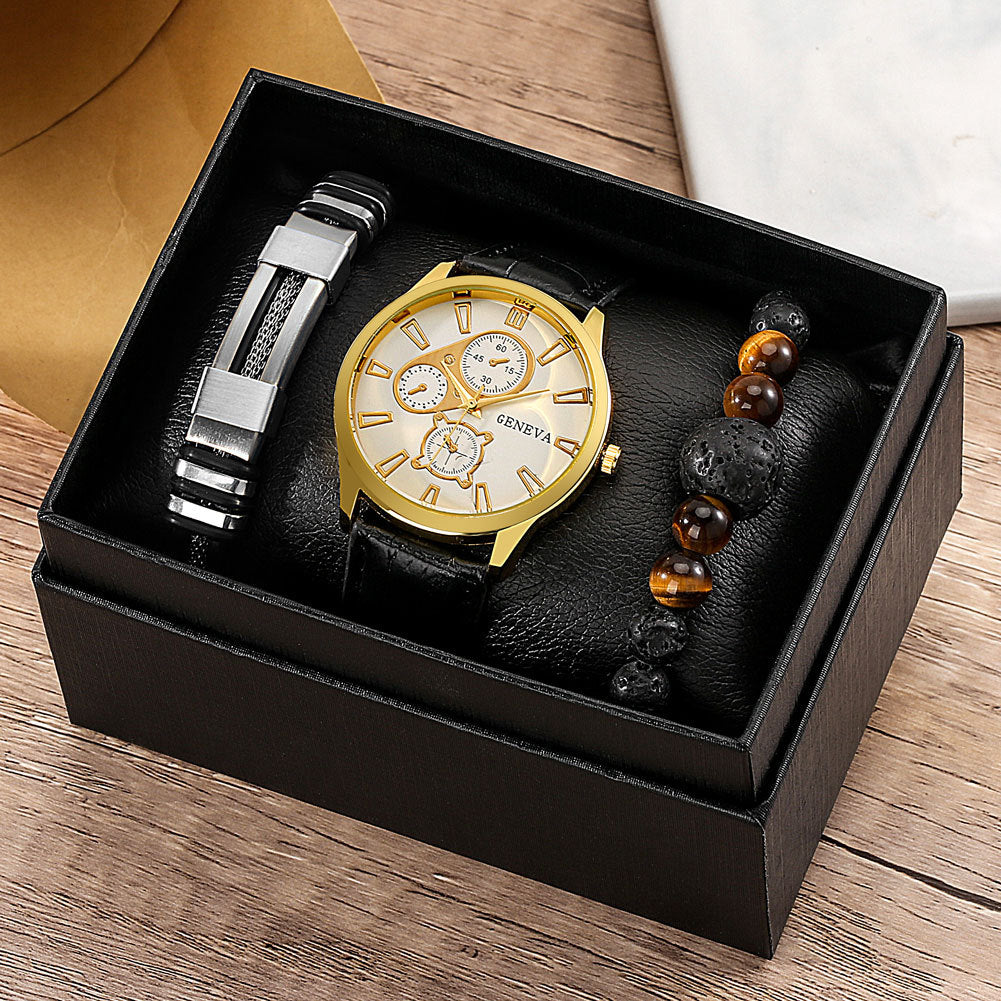 Men's Quartz Watch and PU Bracelet Set with Calendar