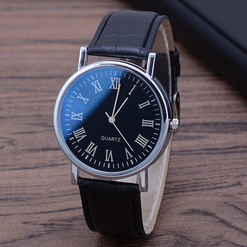 Men's Quartz Watch with Leather Strap and Blue Glass