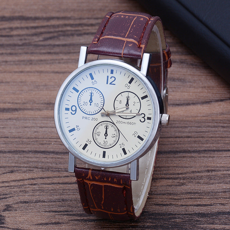 Men's Quartz Watch with Leather Strap and Blue Glass