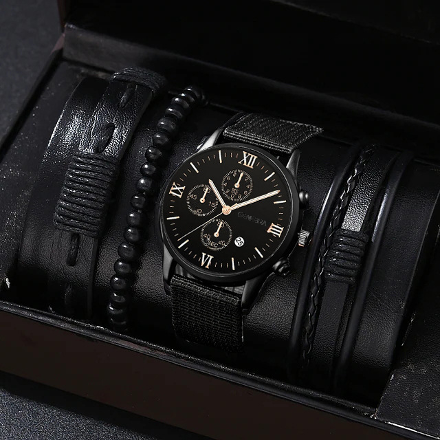 Men's Quartz Watch and PU Bracelet Set with Calendar