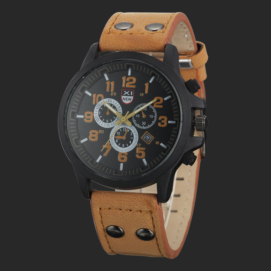 Men's Quartz Watch with Leather Band and Calendar