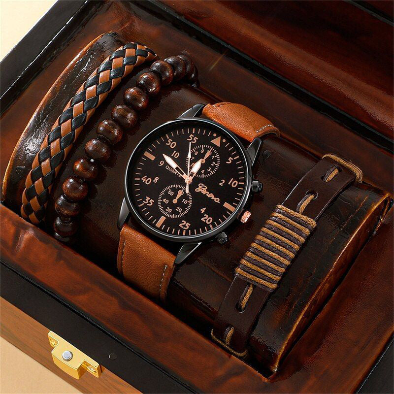 Men's Quartz Watch and PU Bracelet Set with Calendar
