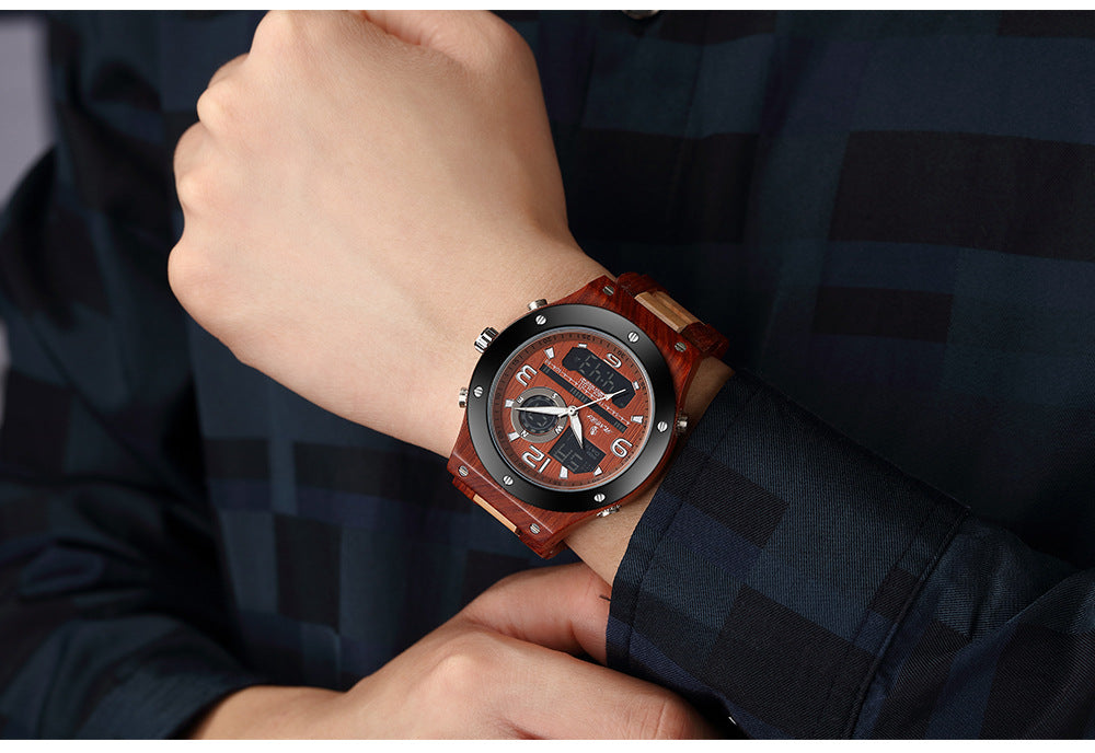 Dual Display Men's Quartz Watch with Wooden Design