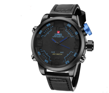 WAVES Men's Quartz Watch with LED and Leather Band