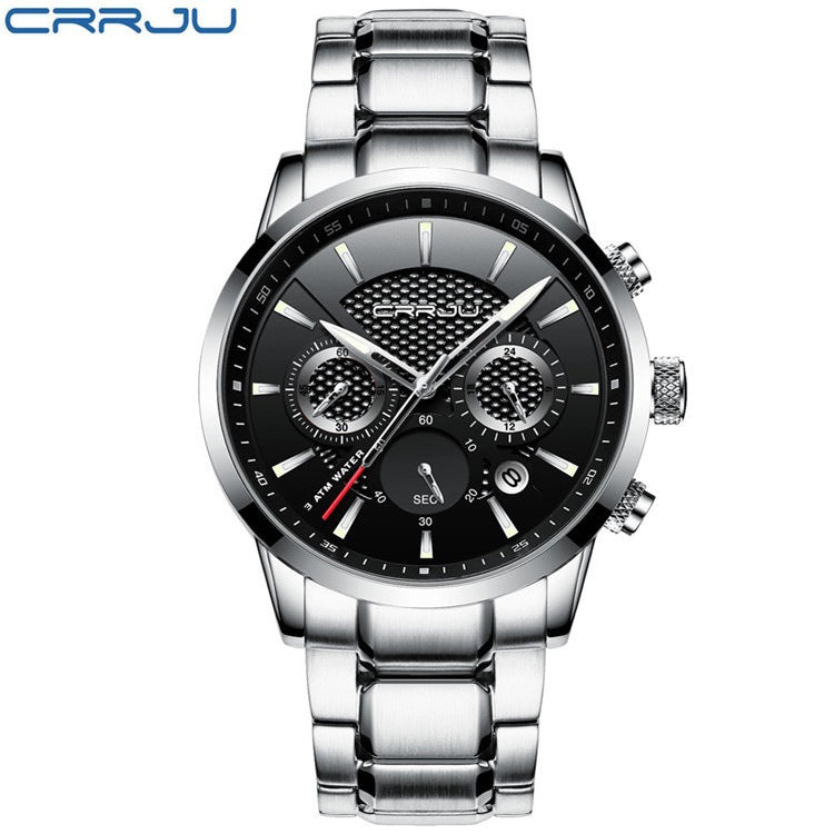 CRRJU Men's Quartz Watch with Calendar and Steel Band