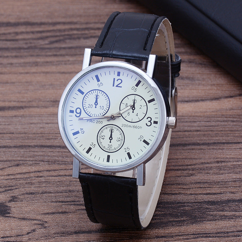 Men's Quartz Watch with Leather Strap and Blue Glass
