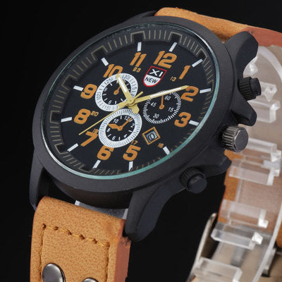 Men's Quartz Watch with Leather Band and Calendar
