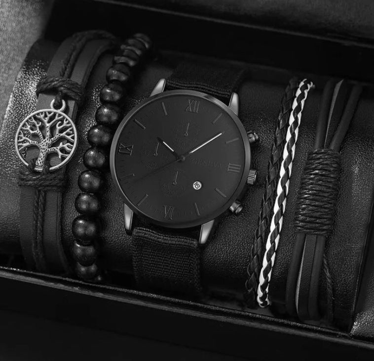 Men's Quartz Watch and PU Bracelet Set with Calendar