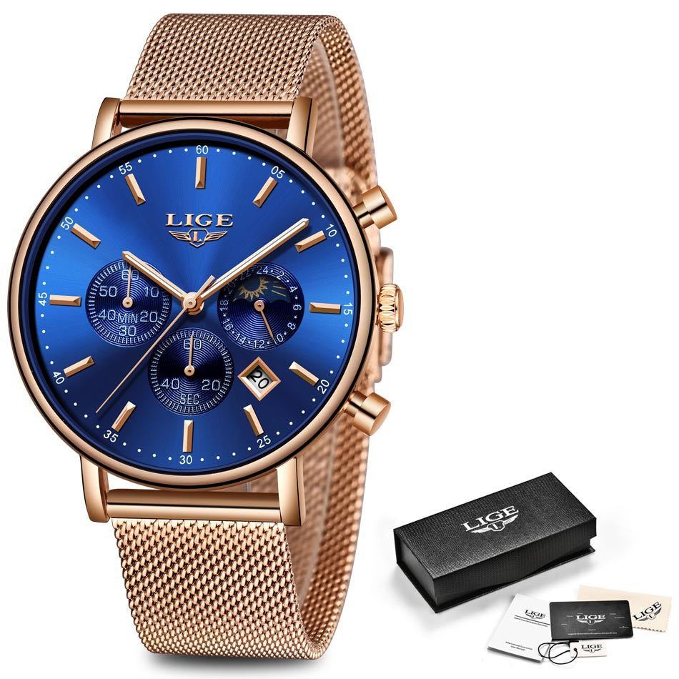 LIGE Men's Waterproof Quartz Moon Phase Sport Watch