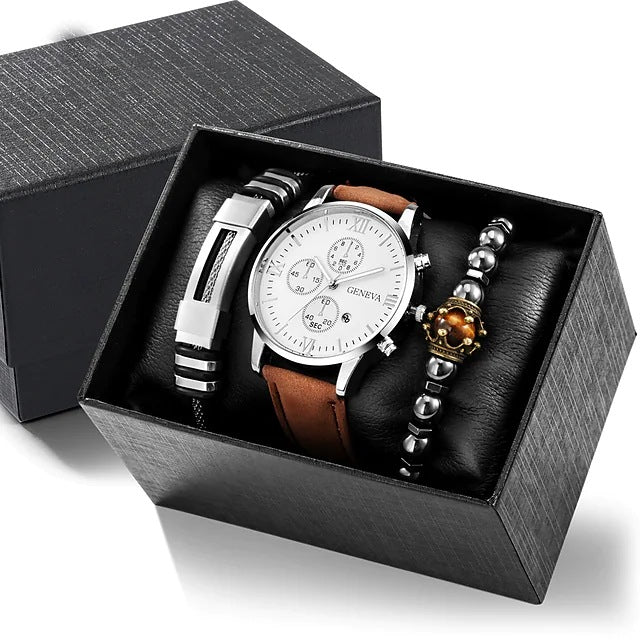 Men's Quartz Watch and PU Bracelet Set with Calendar