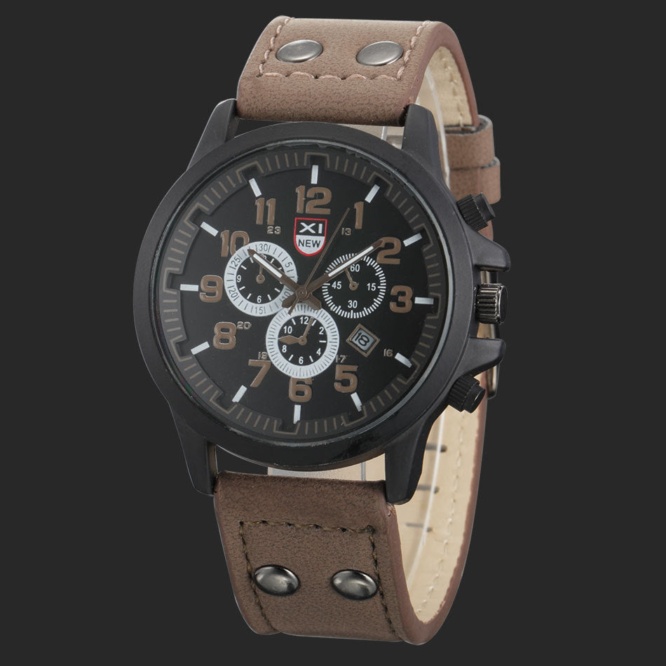 Men's Quartz Watch with Leather Band and Calendar
