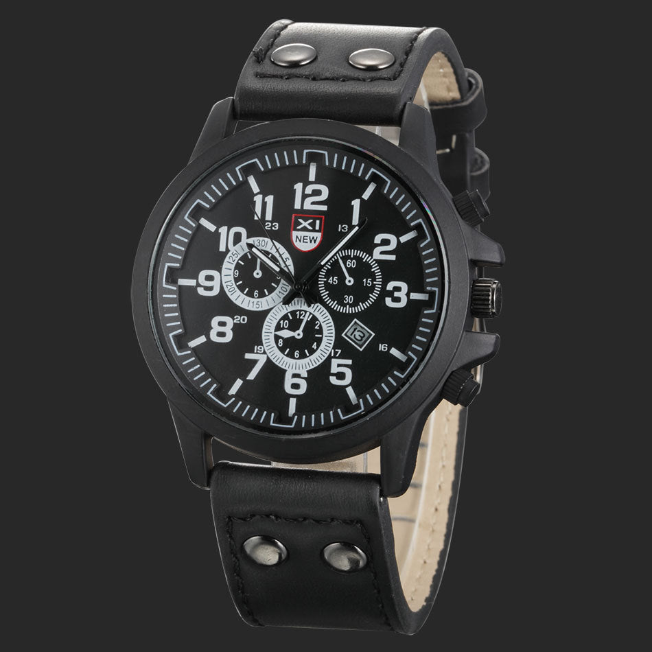 Men's Quartz Watch with Leather Band and Calendar