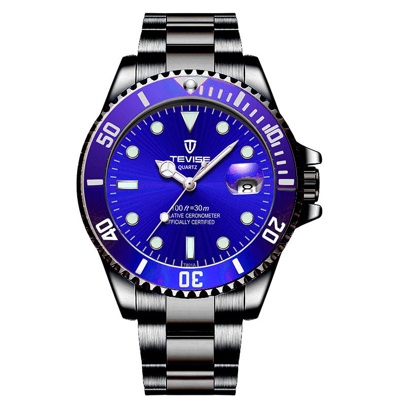 TEVISE Men's Quartz Watch with Green Dial and Calendar