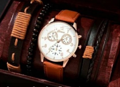Men's Quartz Watch and PU Bracelet Set with Calendar