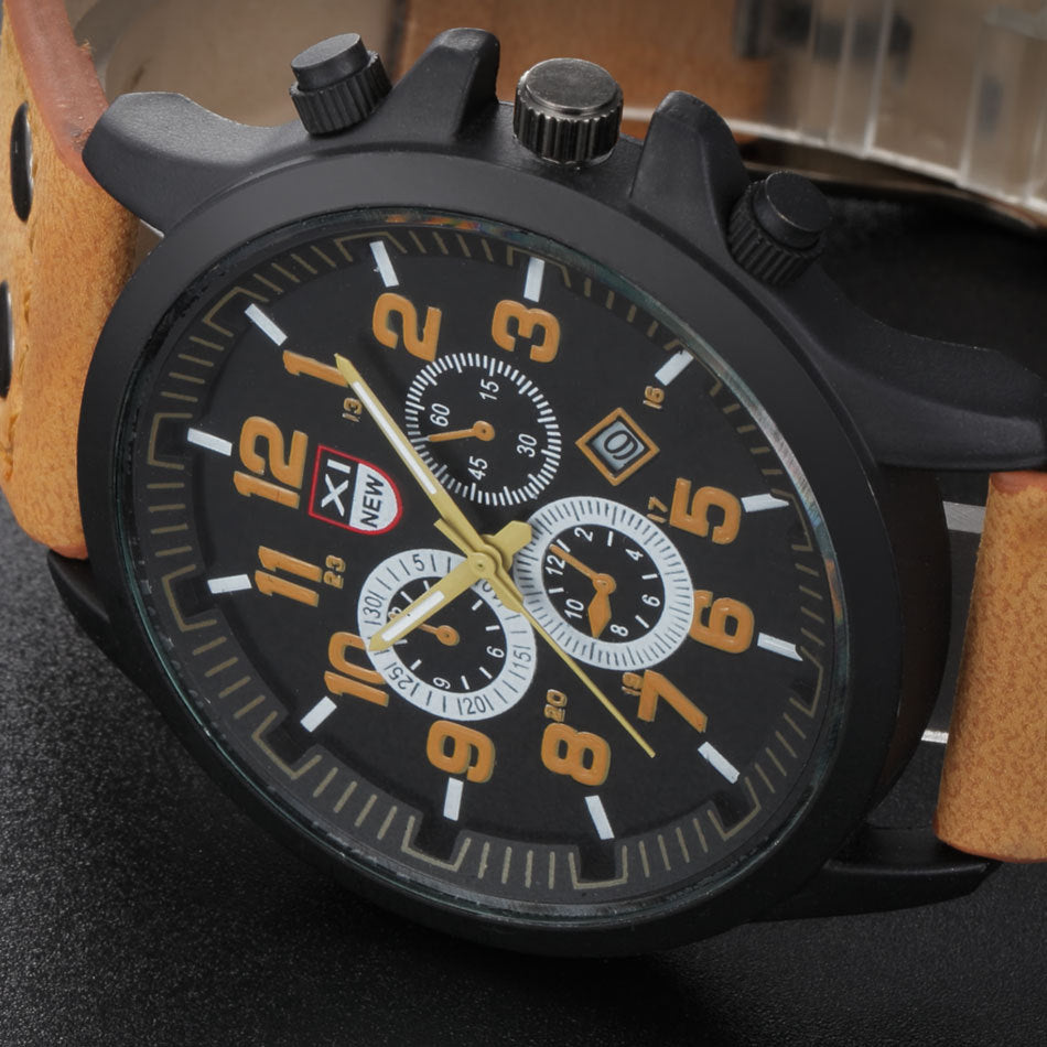 Men's Quartz Watch with Leather Band and Calendar