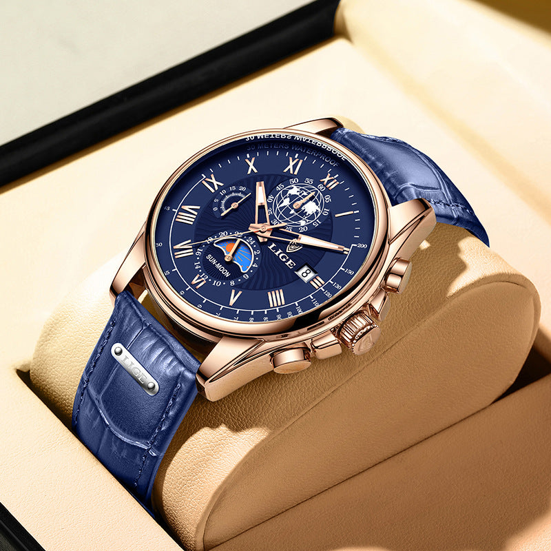 LIGE Men's Quartz Watch with Leather Strap and Moon Phase