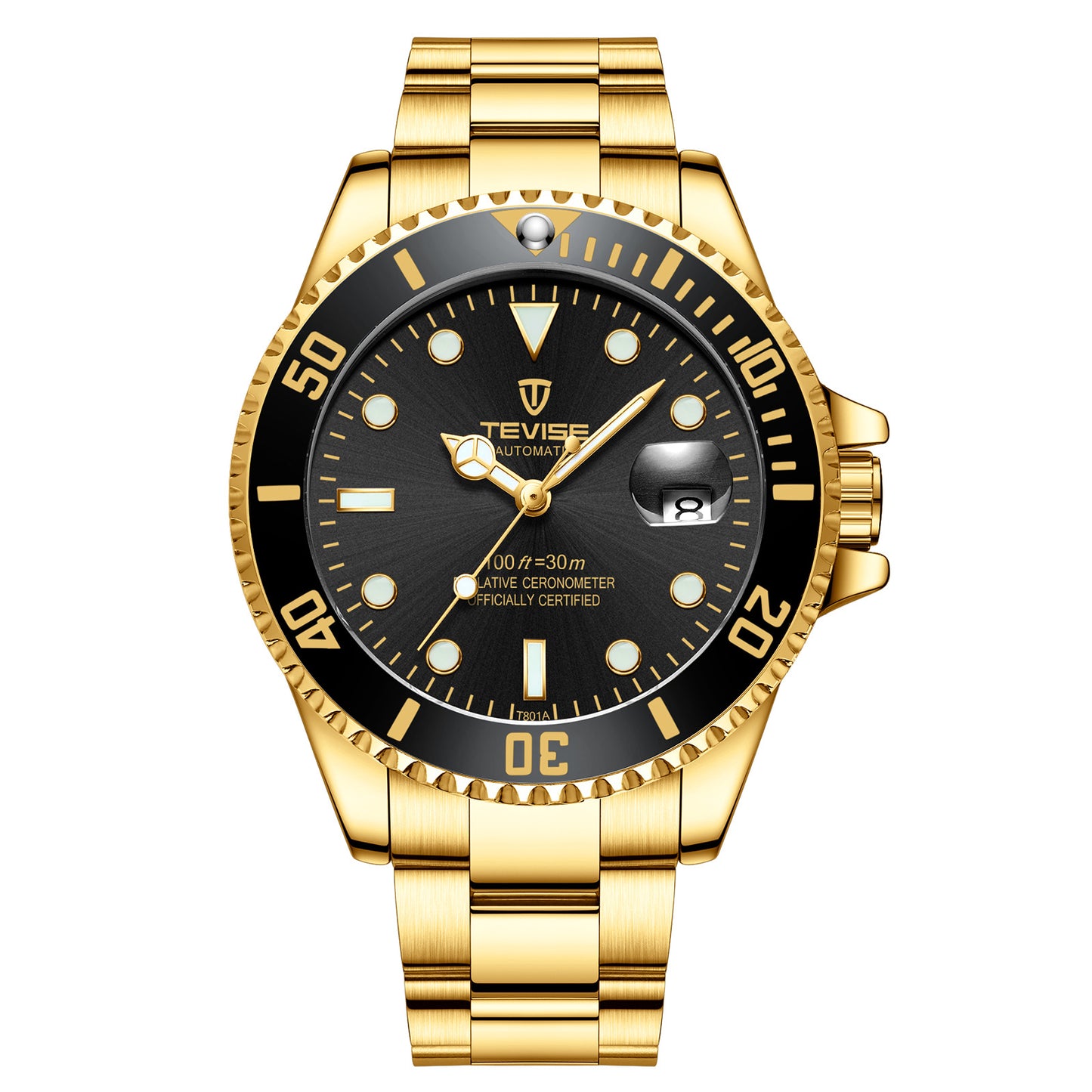 TEVISE Men's Quartz Watch with Green Dial and Calendar
