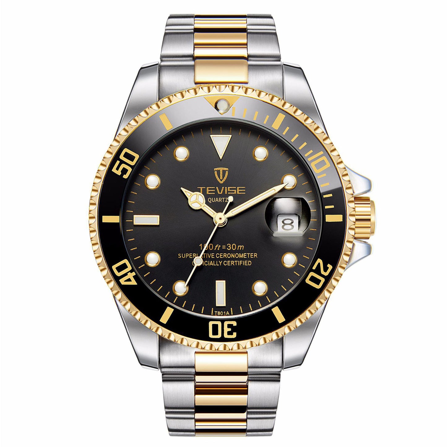 TEVISE Men's Quartz Watch with Green Dial and Calendar
