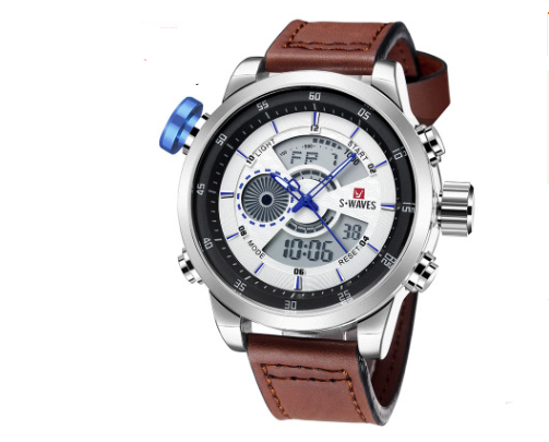WAVES Men's Dual Display Quartz Watch with Leather Band
