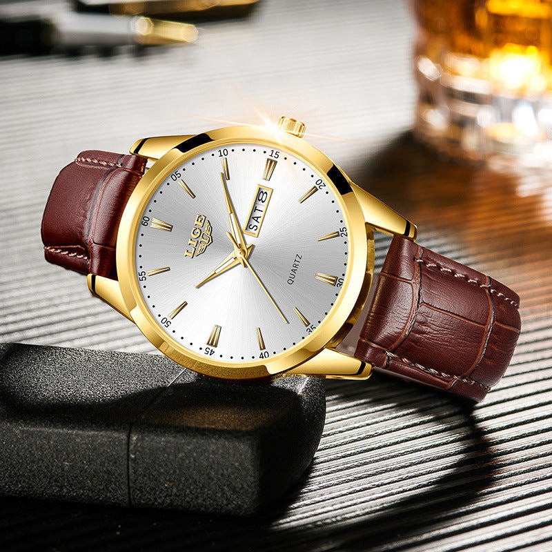 LIGE Men's Quartz Watch with Dual Calendar and Waterproof
