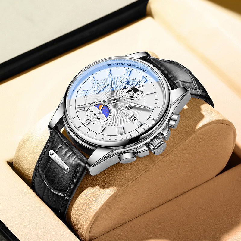 LIGE Men's Quartz Watch with Leather Strap and Moon Phase