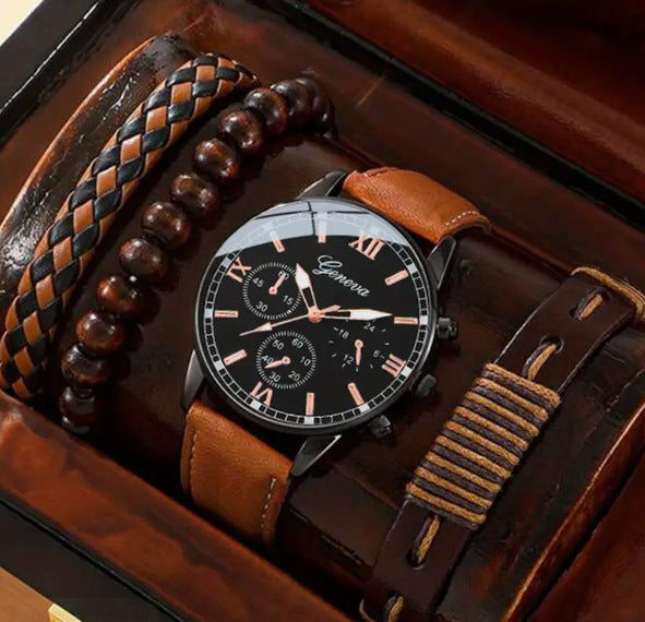 Men's Quartz Watch and PU Bracelet Set with Calendar