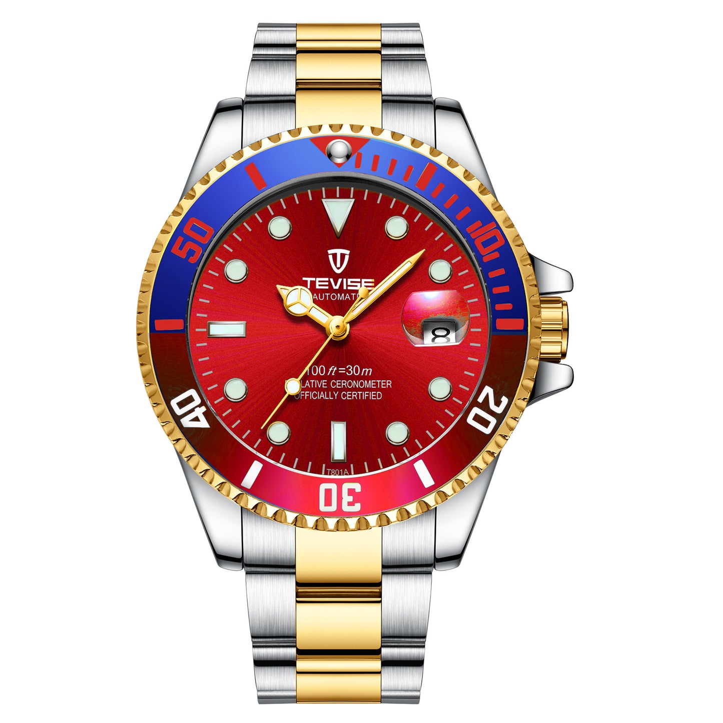 TEVISE Men's Quartz Watch with Green Dial and Calendar