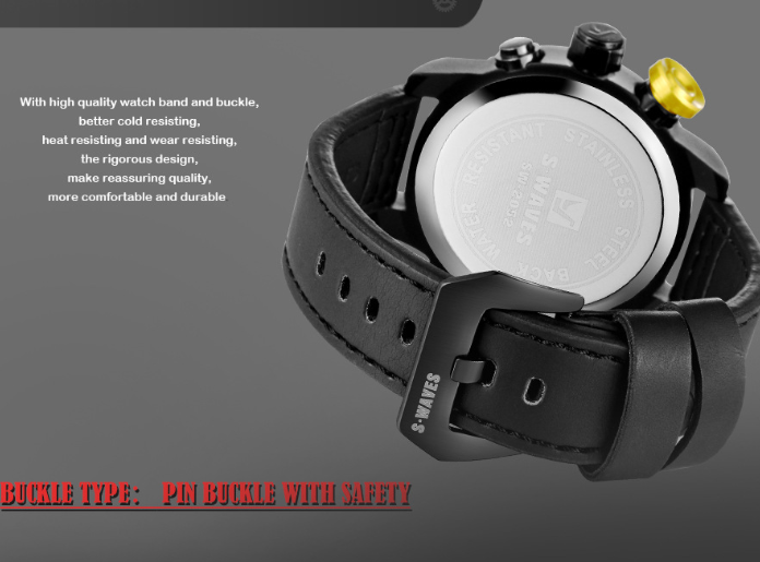 WAVES Men's Quartz Watch with LED and Leather Band