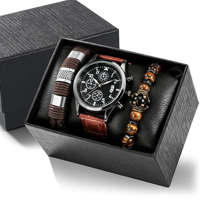 Men's Quartz Watch and PU Bracelet Set with Calendar