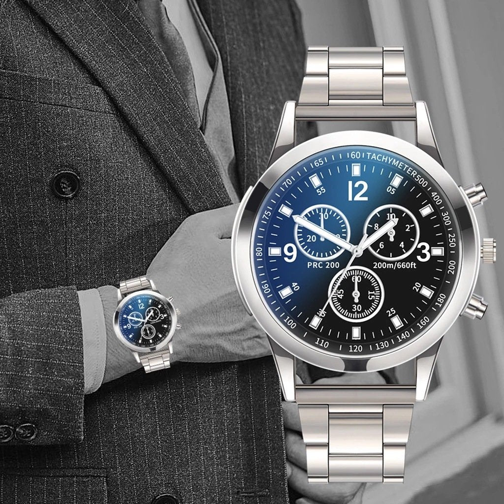 Men's Quartz Watch with Blue Light and Steel Band