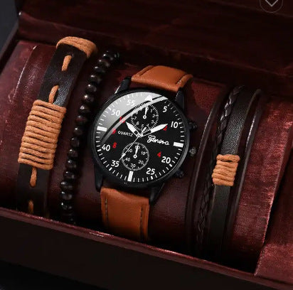 Men's Quartz Watch and PU Bracelet Set with Calendar