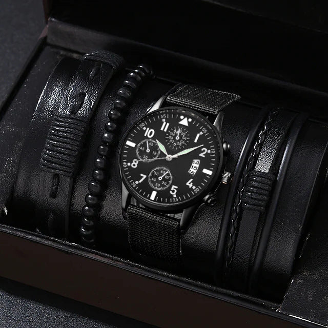 Men's Quartz Watch and PU Bracelet Set with Calendar