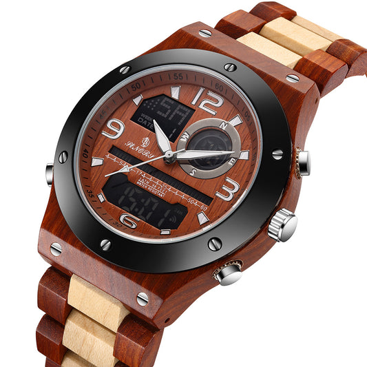 Dual Display Men's Quartz Watch with Wooden Design