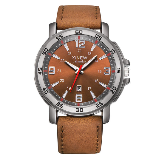 Men's Leather Belt, Calendar Watch, Quartz Timepiece