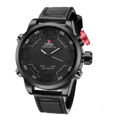 WAVES Men's Quartz Watch with LED and Leather Band