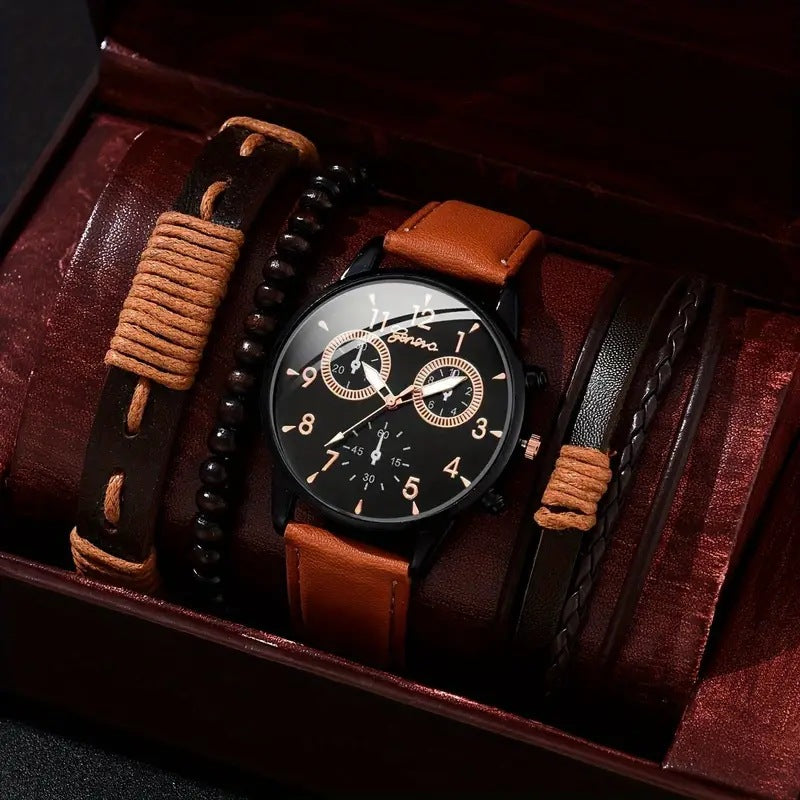 Men's Quartz Watch and PU Bracelet Set with Calendar