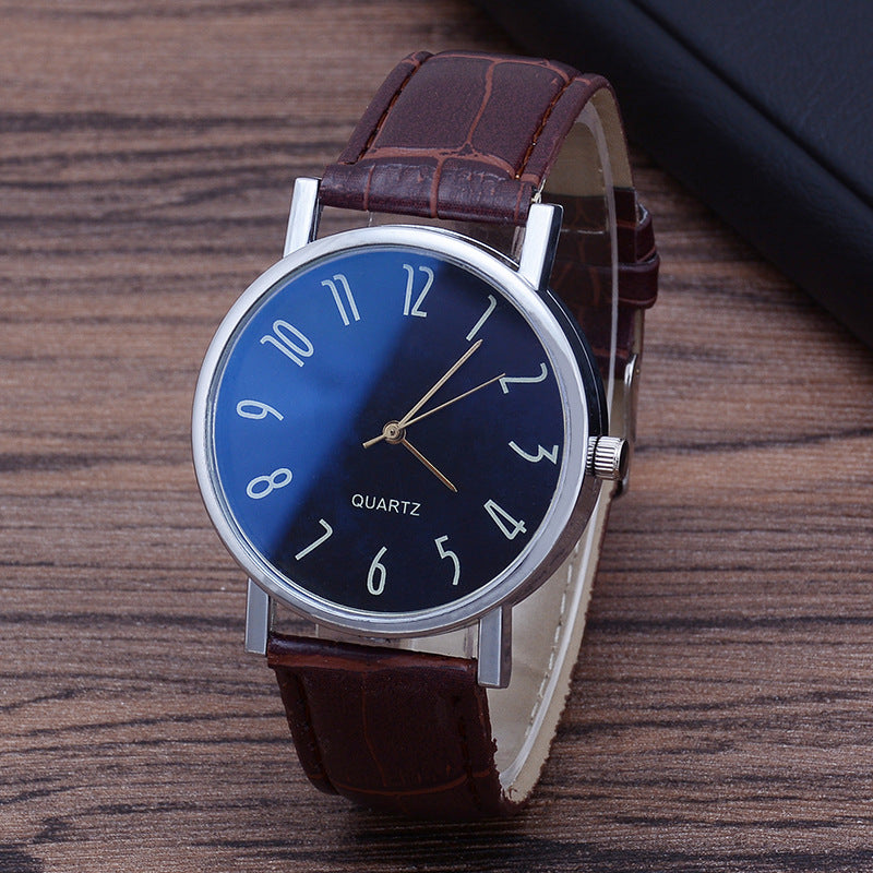 Men's Quartz Watch with Leather Strap and Blue Glass