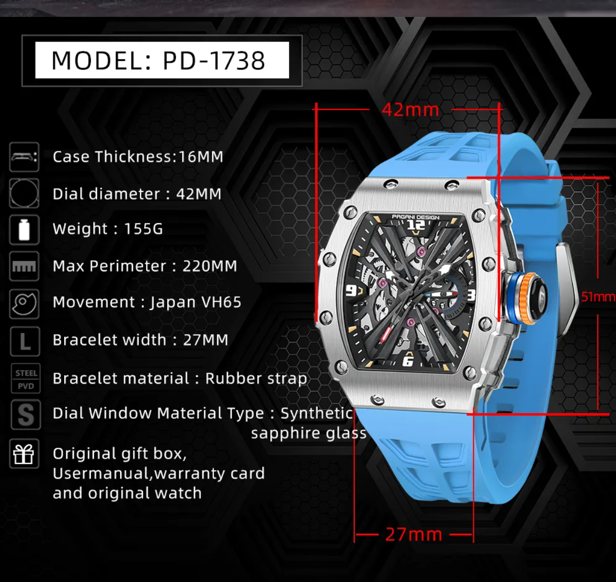 Men's Square Quartz Watch with Calendar