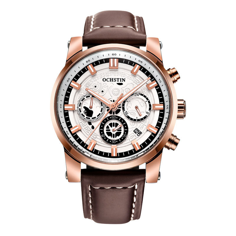 Men's Quartz Watch with Waterproof Leather Strap