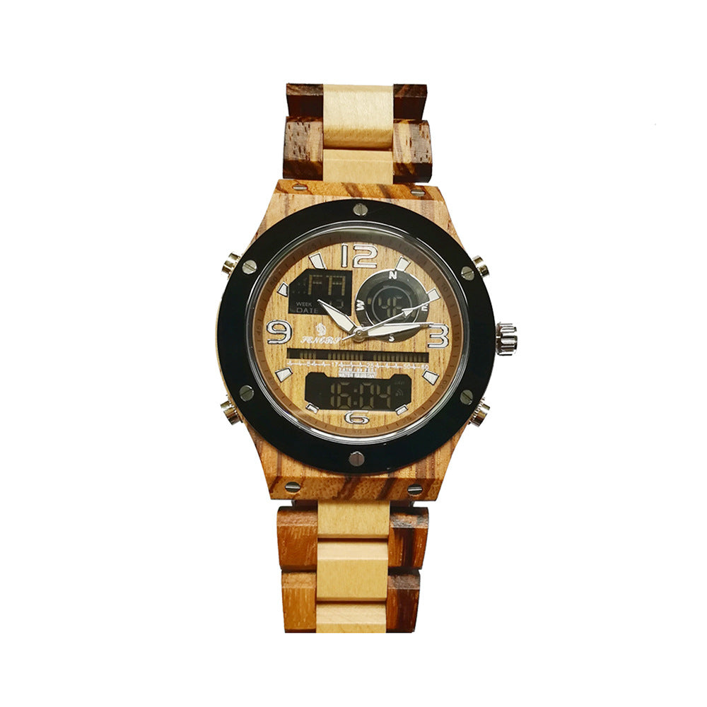 Dual Display Men's Quartz Watch with Wooden Design