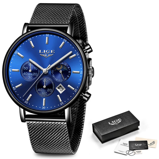 LIGE Men's Waterproof Quartz Moon Phase Sport Watch