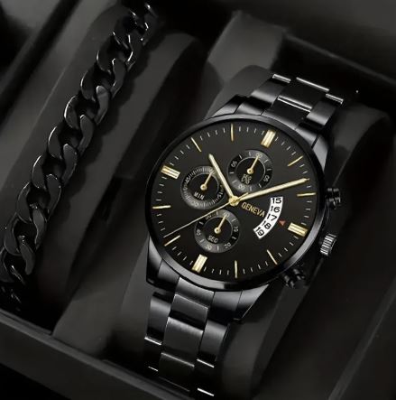 2pcs Men's Steel Quartz Watch & Bracelet Set
