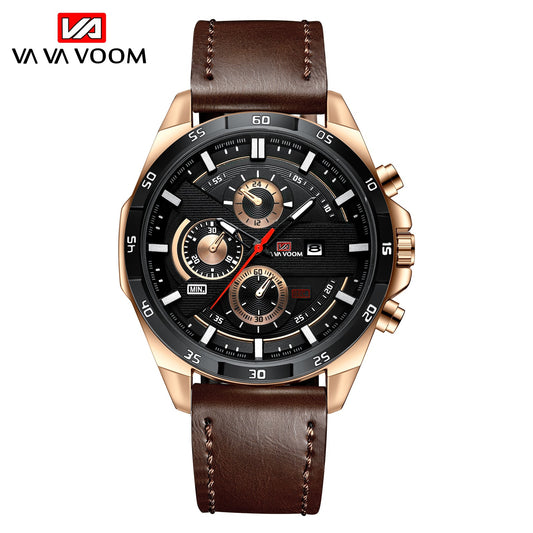 Men's Sports Watch - Leather Band, Waterproof Quartz