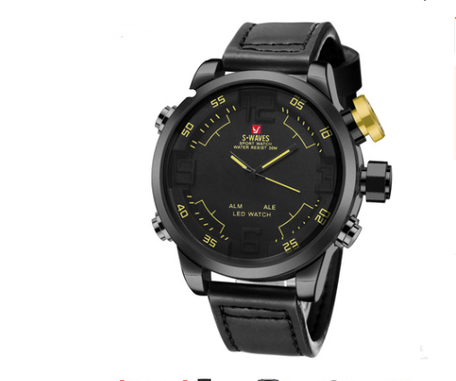 WAVES Men's Quartz Watch with LED and Leather Band