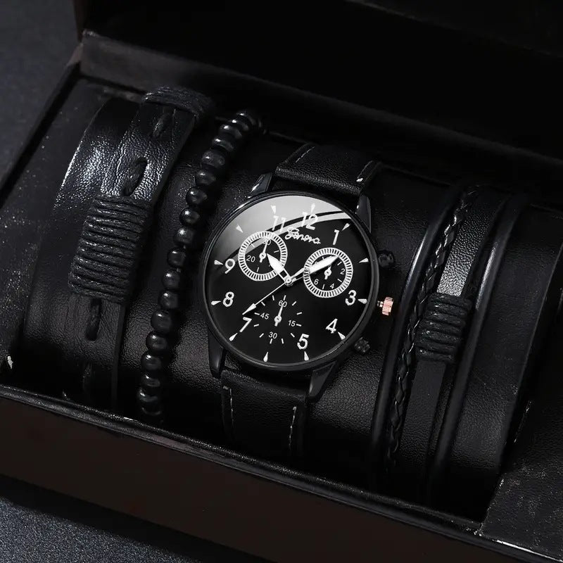 Men's Quartz Watch and PU Bracelet Set with Calendar