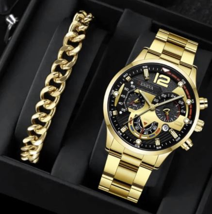 2pcs Men's Steel Quartz Watch & Bracelet Set