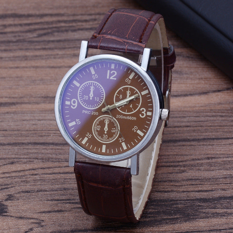Men's Quartz Watch with Leather Strap and Blue Glass